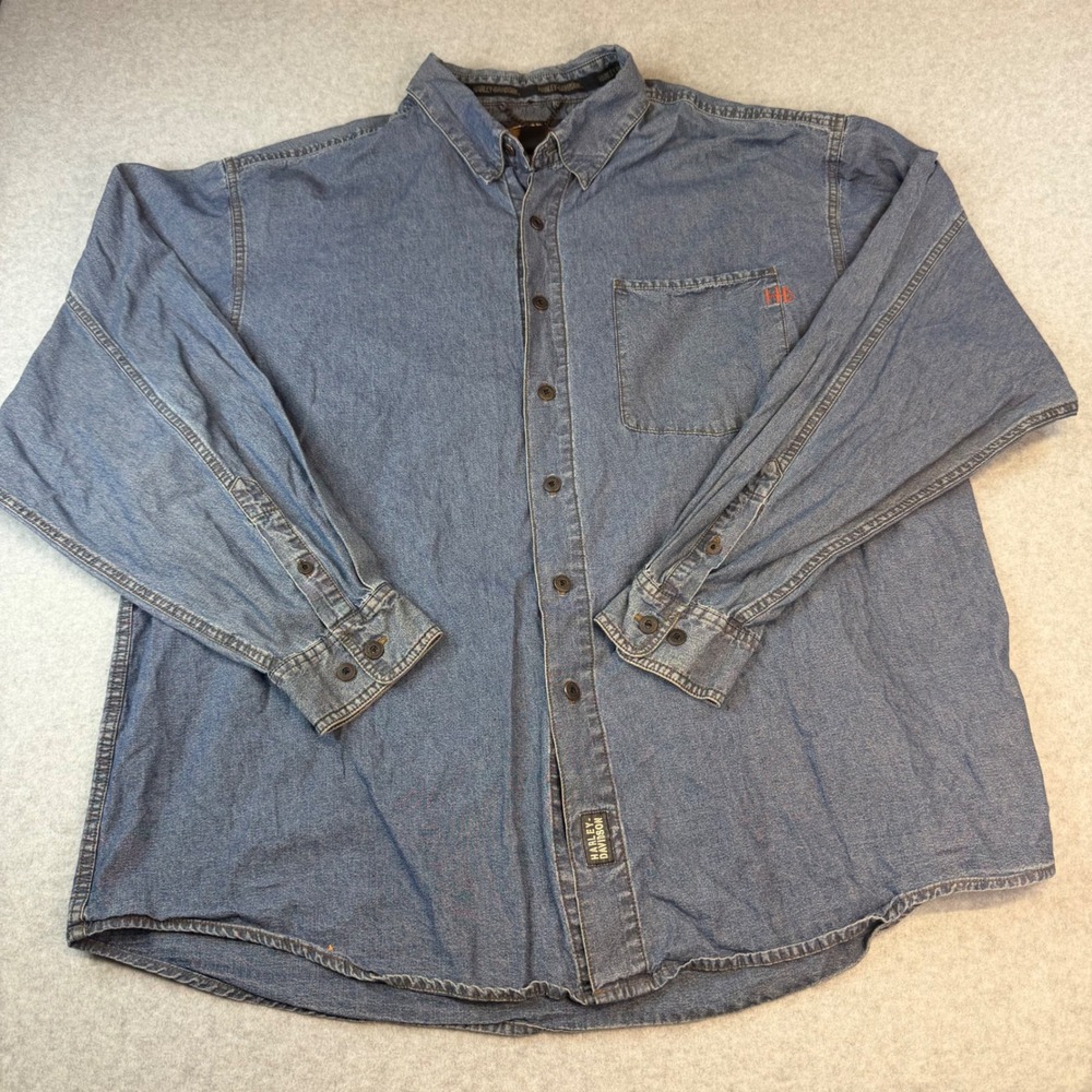 Harley-Davidson Mens XXL Blue Denim Long Sleeve Button Down Graphic Shirt Logo